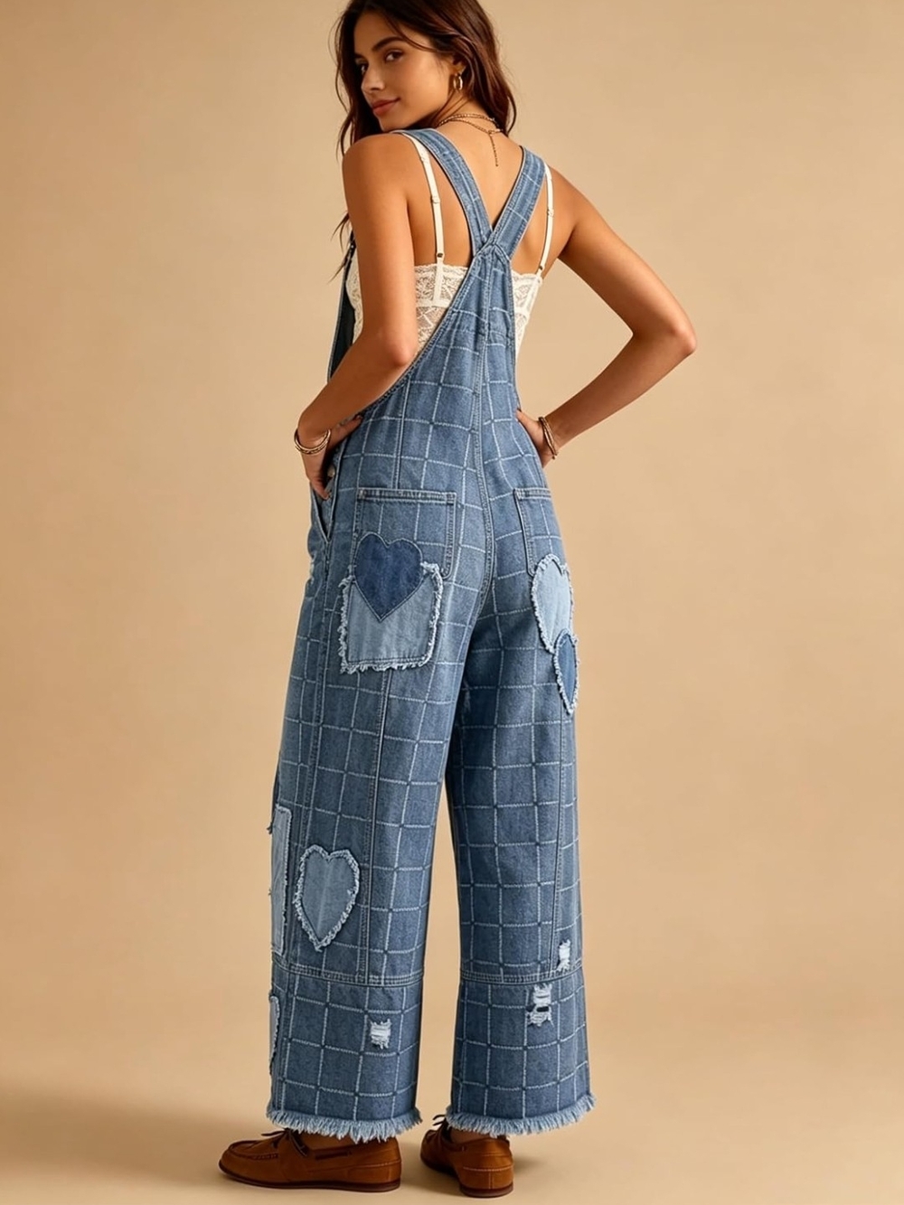 Light Blue Denim Heart Patchwork Wide-Leg Overalls. NWT - Picture 5 of 8